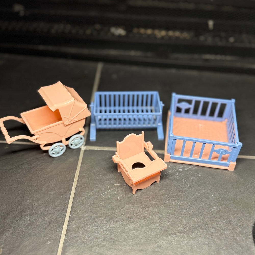 Vintage Acme Plastic Dollhouse Nursery Furniture Set Stroller Cradle Playpen USA